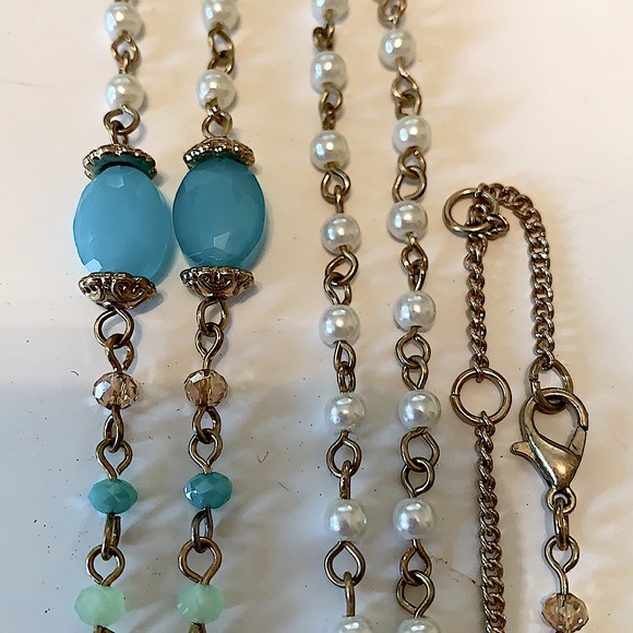 Gold Filled Long Necklace W/Faceted Crystal and Pearl Beads & Crystal Pendant - Picture 5 of 6